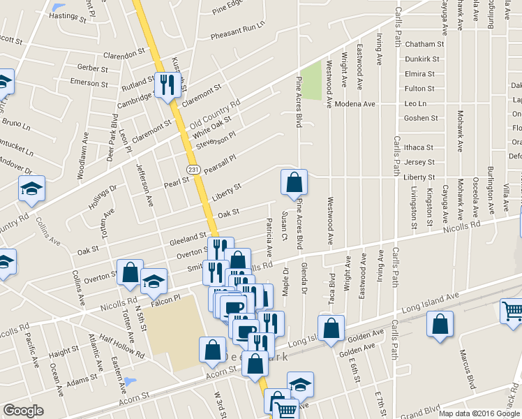 map of restaurants, bars, coffee shops, grocery stores, and more near 20 Oak Street in Deer Park
