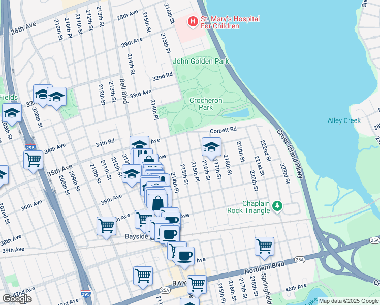 map of restaurants, bars, coffee shops, grocery stores, and more near 215-34 36th Avenue in Queens