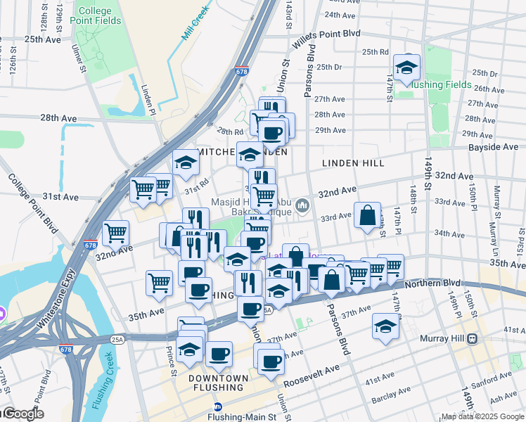 map of restaurants, bars, coffee shops, grocery stores, and more near 32-18 Union Street in Queens