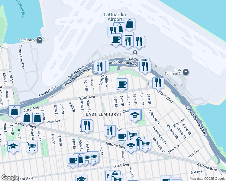 map of restaurants, bars, coffee shops, grocery stores, and more near 95-03 23rd Avenue in Queens