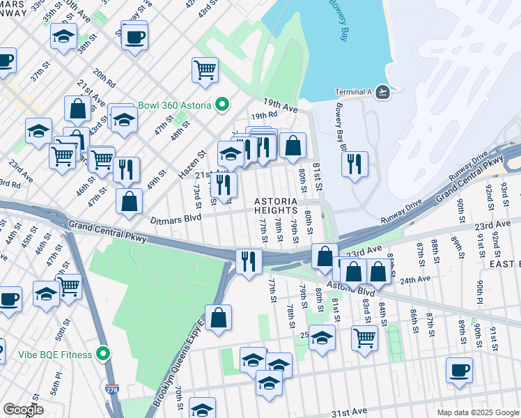 map of restaurants, bars, coffee shops, grocery stores, and more near in Queens