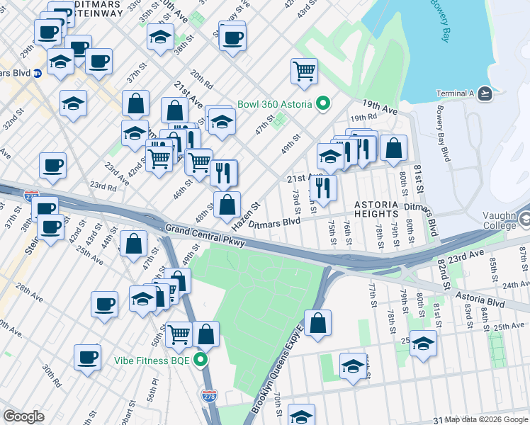 map of restaurants, bars, coffee shops, grocery stores, and more near 21-63 Hazen Street in Queens