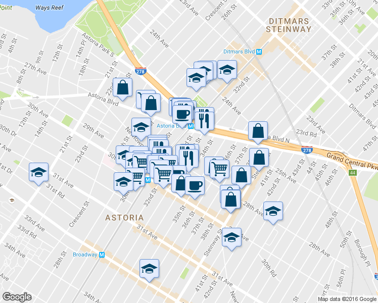map of restaurants, bars, coffee shops, grocery stores, and more near 25-55 32nd Street in Queens