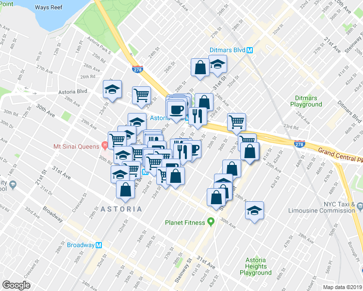 map of restaurants, bars, coffee shops, grocery stores, and more near 25-55 32nd Street in Queens