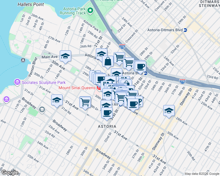 map of restaurants, bars, coffee shops, grocery stores, and more near 41-27 28th Avenue in Queens
