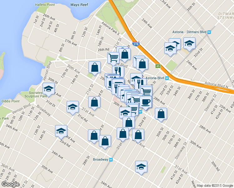 map of restaurants, bars, coffee shops, grocery stores, and more near 25-13 30th Avenue in Queens