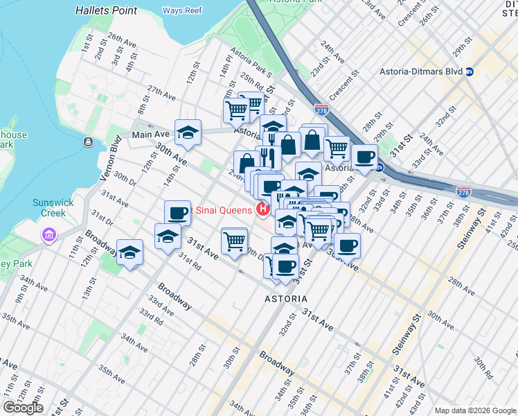 map of restaurants, bars, coffee shops, grocery stores, and more near 30th Ave & Crescent St in Queens
