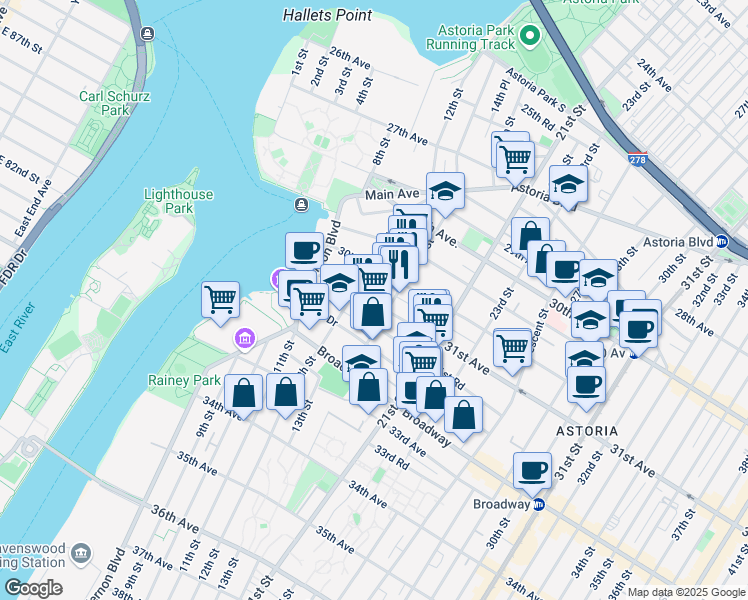 map of restaurants, bars, coffee shops, grocery stores, and more near 12-26 31st Avenue in Queens