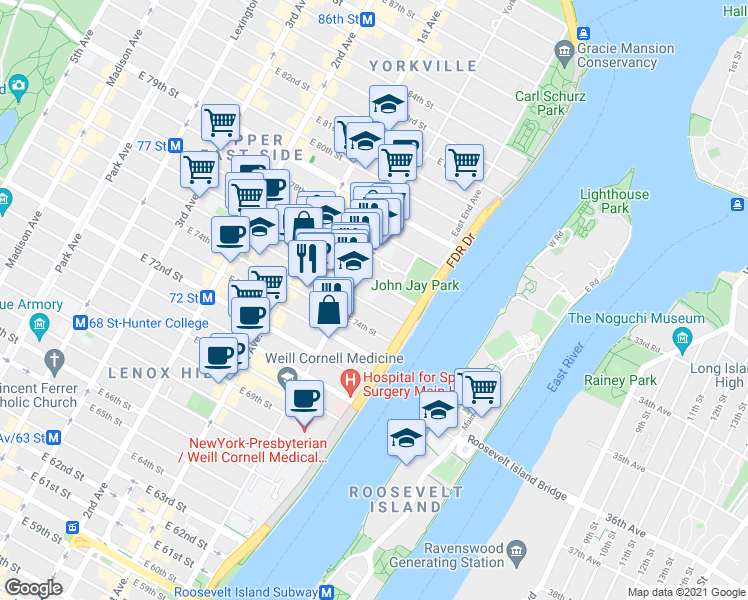 map of restaurants, bars, coffee shops, grocery stores, and more near 507 East 75th Street in New York