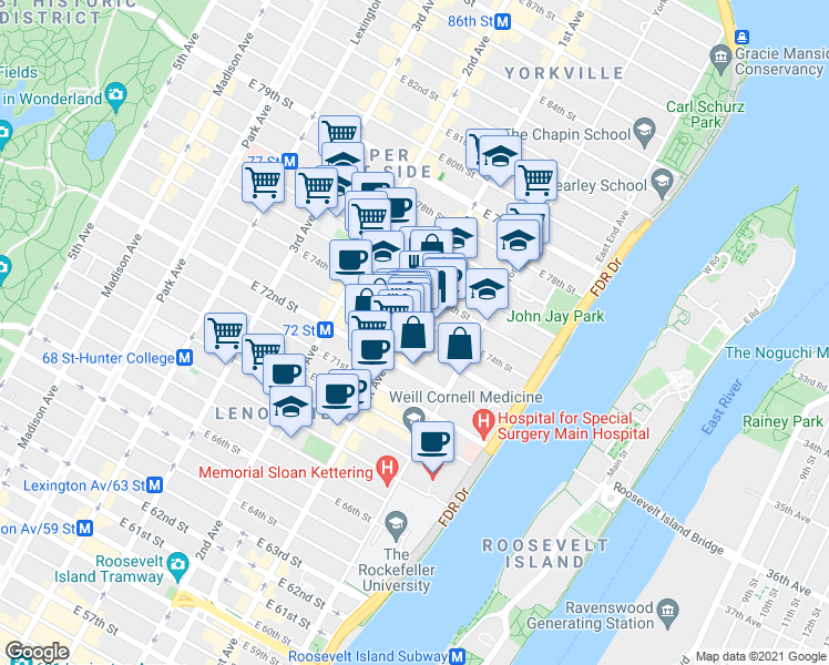 map of restaurants, bars, coffee shops, grocery stores, and more near in New York