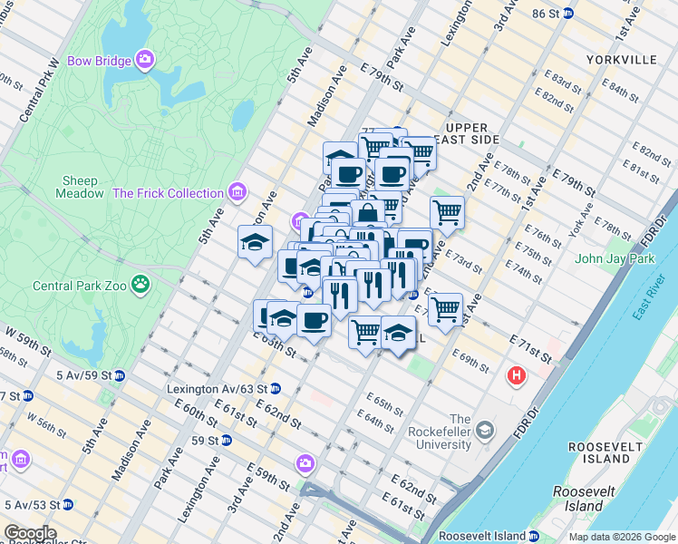 map of restaurants, bars, coffee shops, grocery stores, and more near 201 East 69th Street in New York