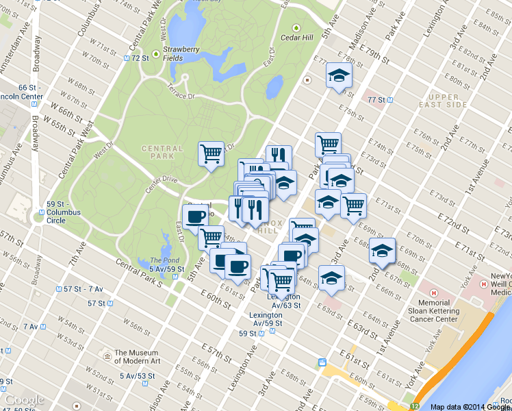 map of restaurants, bars, coffee shops, grocery stores, and more near 786 Madison Avenue in New York