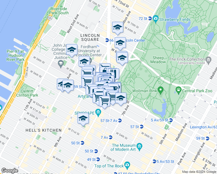 map of restaurants, bars, coffee shops, grocery stores, and more near 10 Columbus Circle in New York