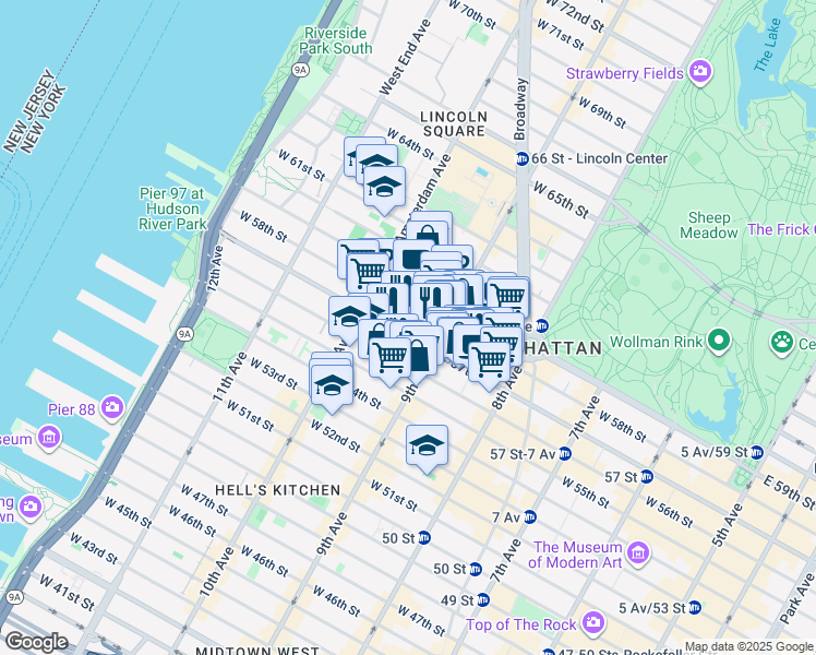 map of restaurants, bars, coffee shops, grocery stores, and more near 871 9th Avenue in New York