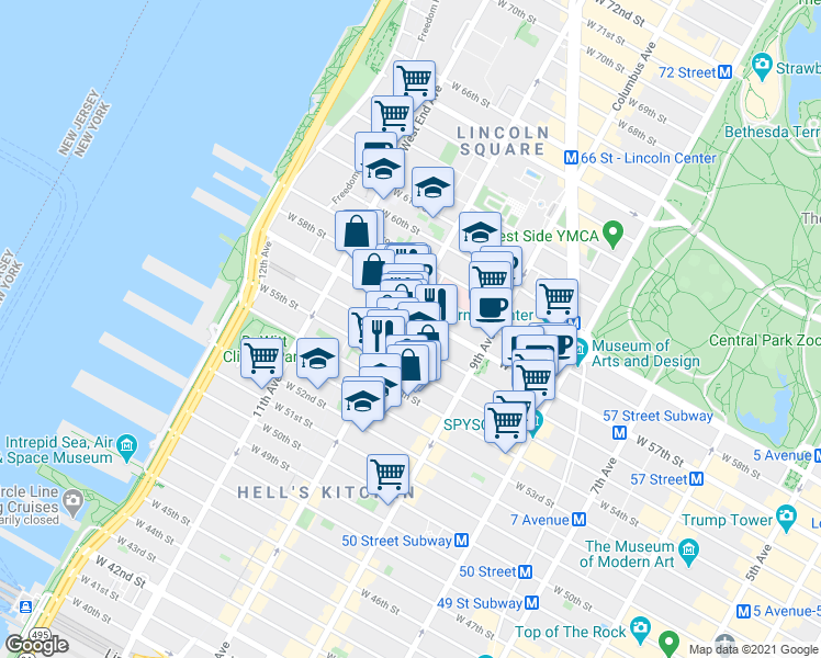 map of restaurants, bars, coffee shops, grocery stores, and more near 500 West 56th Street in New York