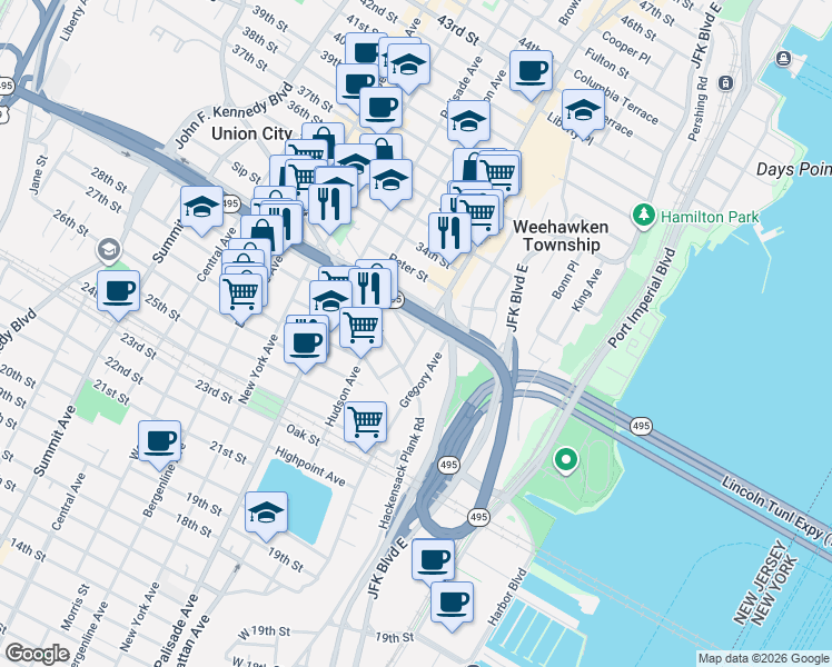 map of restaurants, bars, coffee shops, grocery stores, and more near 106 33rd Street in Union City
