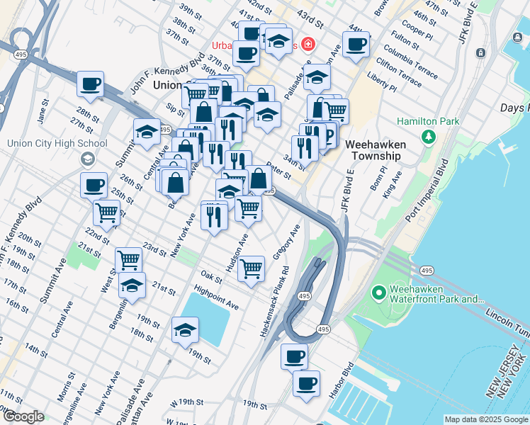 map of restaurants, bars, coffee shops, grocery stores, and more near 562 Hudson Avenue in Weehawken