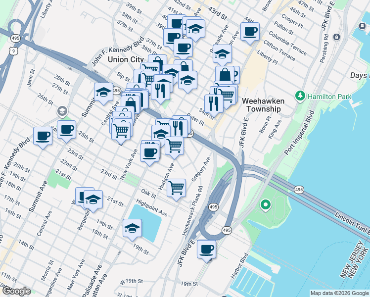 map of restaurants, bars, coffee shops, grocery stores, and more near 562 Hudson Avenue in Weehawken Township