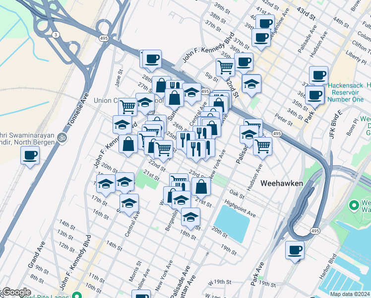 map of restaurants, bars, coffee shops, grocery stores, and more near 608 24th Street in Union City