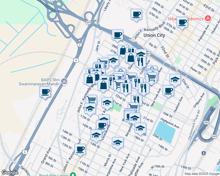map of restaurants, bars, coffee shops, grocery stores, and more near 2207 Summit Avenue in Union City