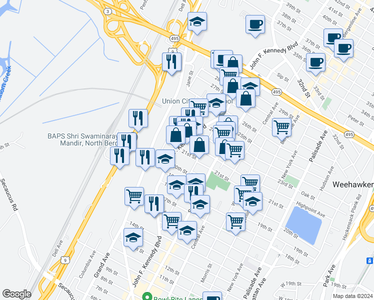 map of restaurants, bars, coffee shops, grocery stores, and more near 2106 John F. Kennedy Boulevard in Union City