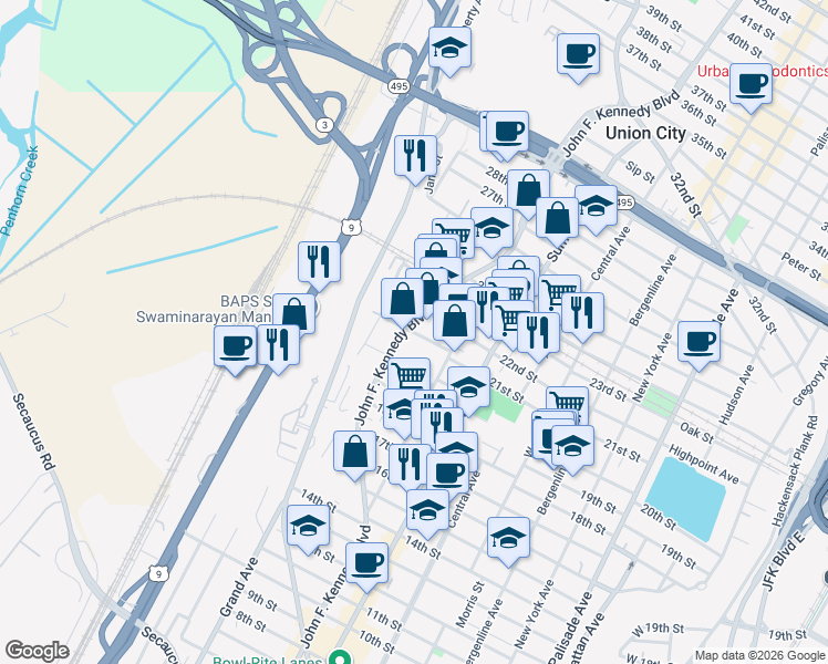 map of restaurants, bars, coffee shops, grocery stores, and more near 2106 John F. Kennedy Boulevard in Union City