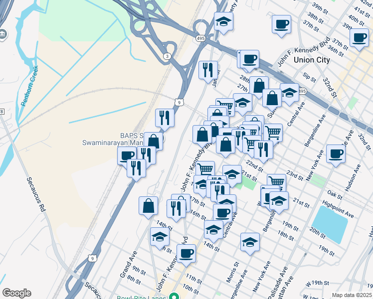map of restaurants, bars, coffee shops, grocery stores, and more near 2004 Grand Avenue in North Bergen