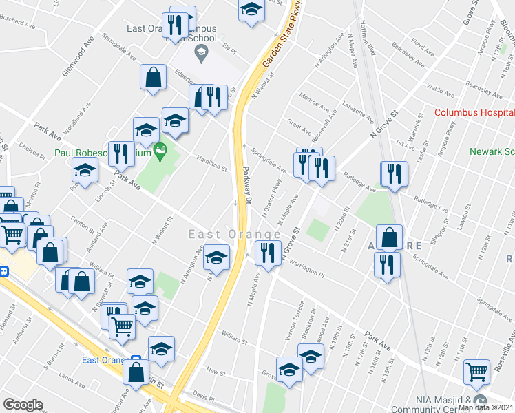 map of restaurants, bars, coffee shops, grocery stores, and more near 288 4th Avenue in East Orange