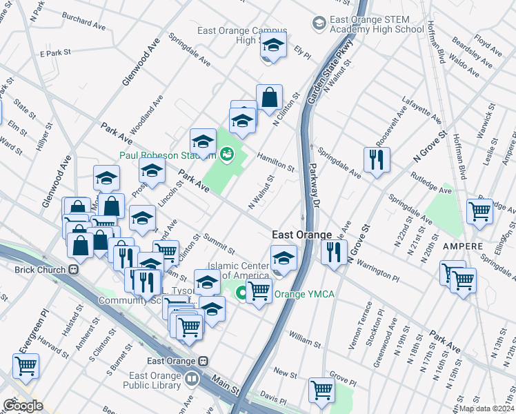 map of restaurants, bars, coffee shops, grocery stores, and more near 204 North Walnut Street in East Orange