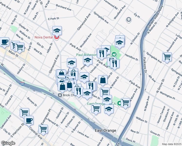 map of restaurants, bars, coffee shops, grocery stores, and more near 100 Lincoln Street in East Orange