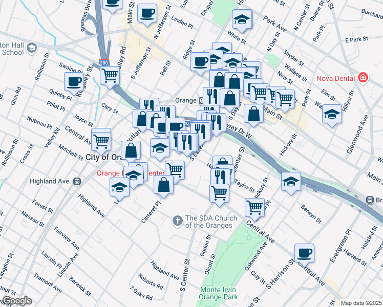 map of restaurants, bars, coffee shops, grocery stores, and more near 313 Henry Street in City of Orange