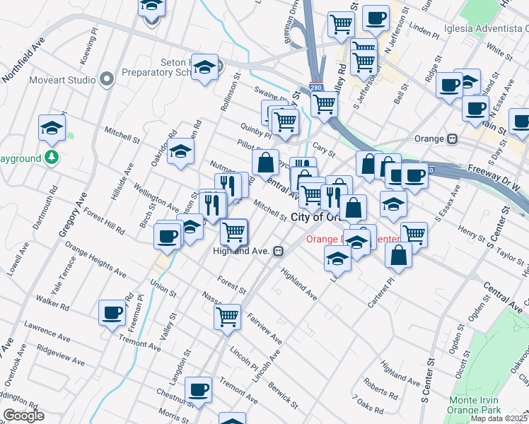 map of restaurants, bars, coffee shops, grocery stores, and more near 6 Mitchell Street in West Orange