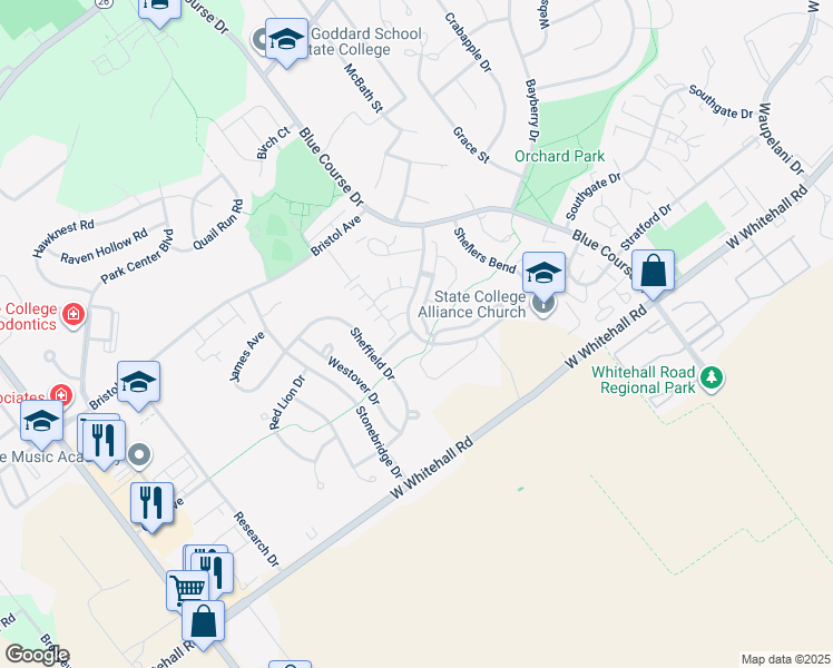 map of restaurants, bars, coffee shops, grocery stores, and more near 3100 Shellers Bend in State College