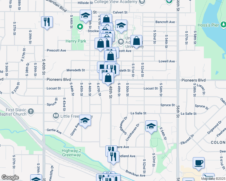 map of restaurants, bars, coffee shops, grocery stores, and more near 4747 Linden Street in Lincoln