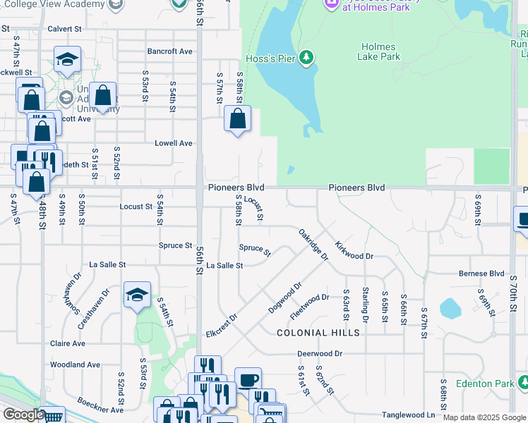 map of restaurants, bars, coffee shops, grocery stores, and more near 5904 Locust Street in Lincoln