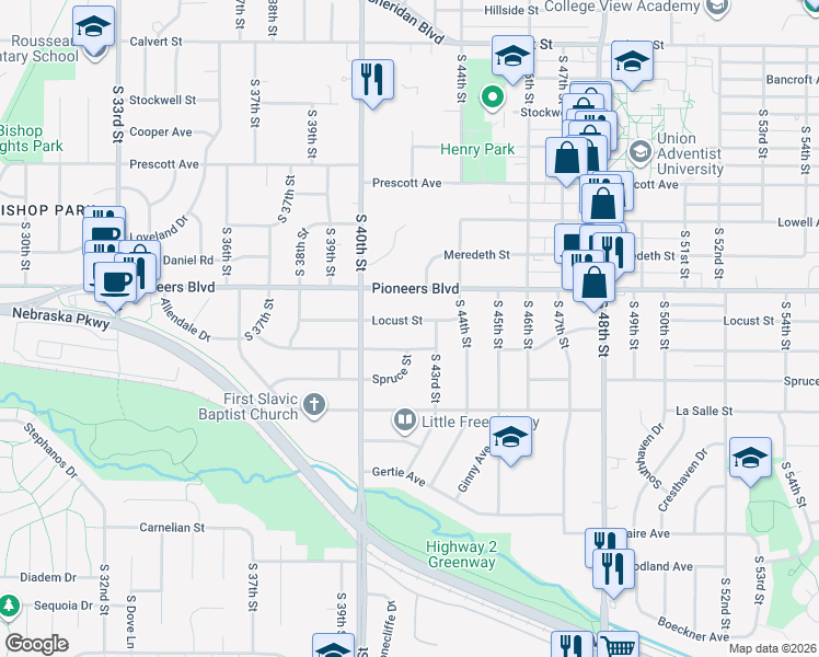 map of restaurants, bars, coffee shops, grocery stores, and more near 4131 Locust Street in Lincoln