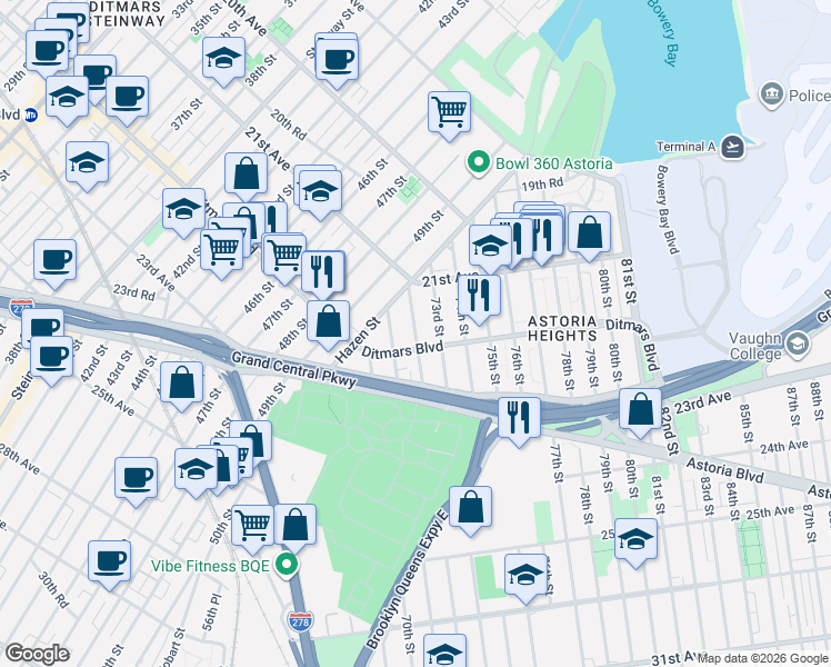 map of restaurants, bars, coffee shops, grocery stores, and more near 21-50 72nd Street in Queens