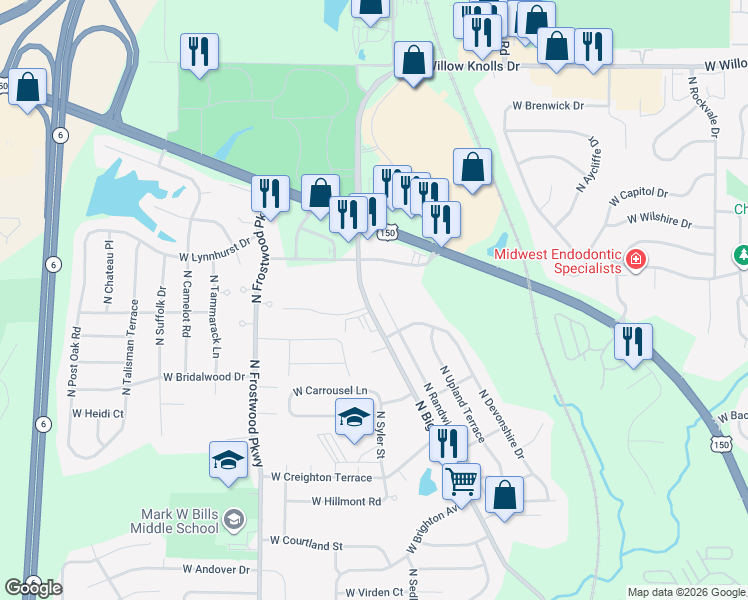 map of restaurants, bars, coffee shops, grocery stores, and more near 6627 North Randwick Road in Peoria