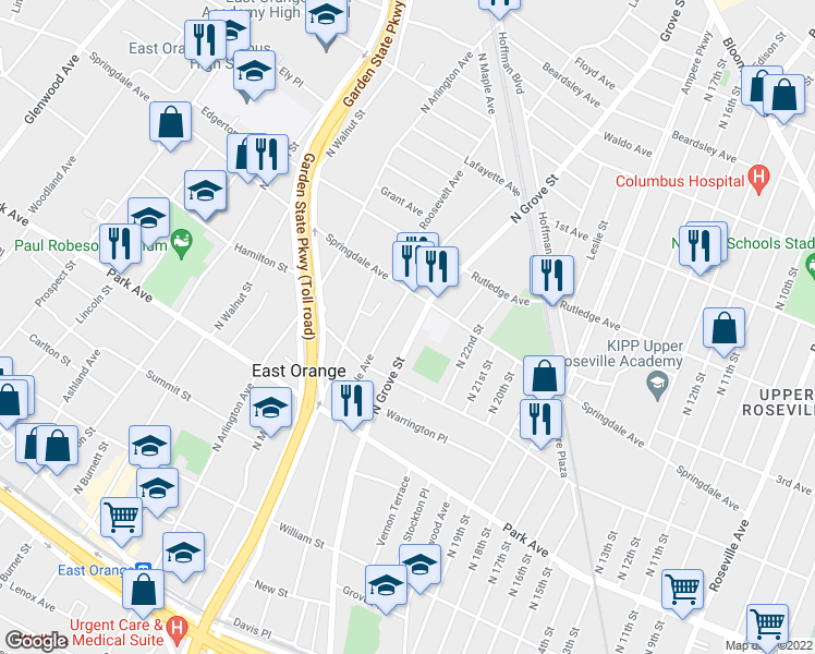 map of restaurants, bars, coffee shops, grocery stores, and more near 403 North Grove Street in East Orange