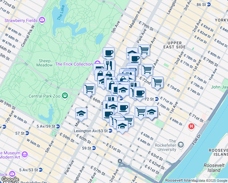 map of restaurants, bars, coffee shops, grocery stores, and more near 695 Park Avenue in New York