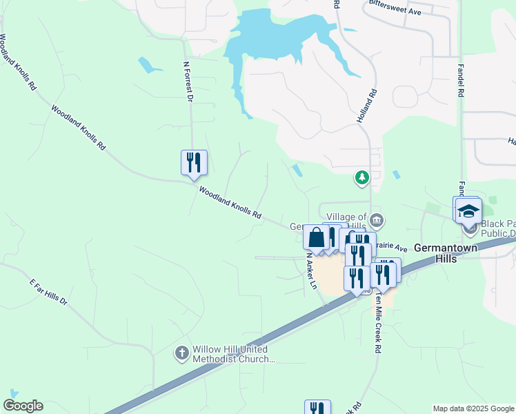map of restaurants, bars, coffee shops, grocery stores, and more near Stonegate Drive in Germantown Hills