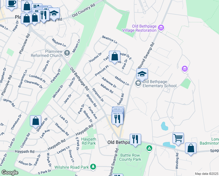 map of restaurants, bars, coffee shops, grocery stores, and more near 19 Mahan Road in Old Bethpage