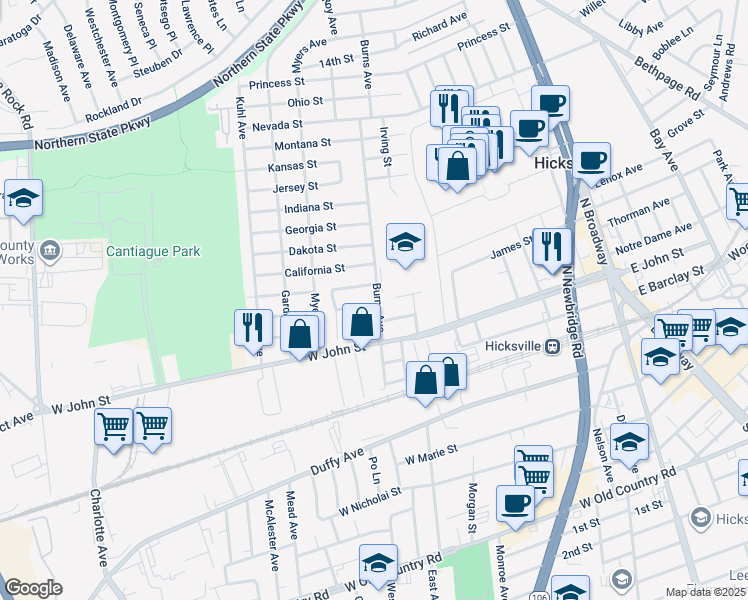 map of restaurants, bars, coffee shops, grocery stores, and more near 2 Hawthorne Street in Hicksville