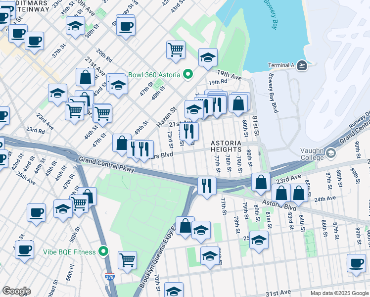 map of restaurants, bars, coffee shops, grocery stores, and more near 74-01 Ditmars Boulevard in Queens