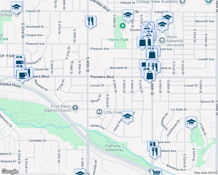 map of restaurants, bars, coffee shops, grocery stores, and more near 4410 South 43rd Street in Lincoln
