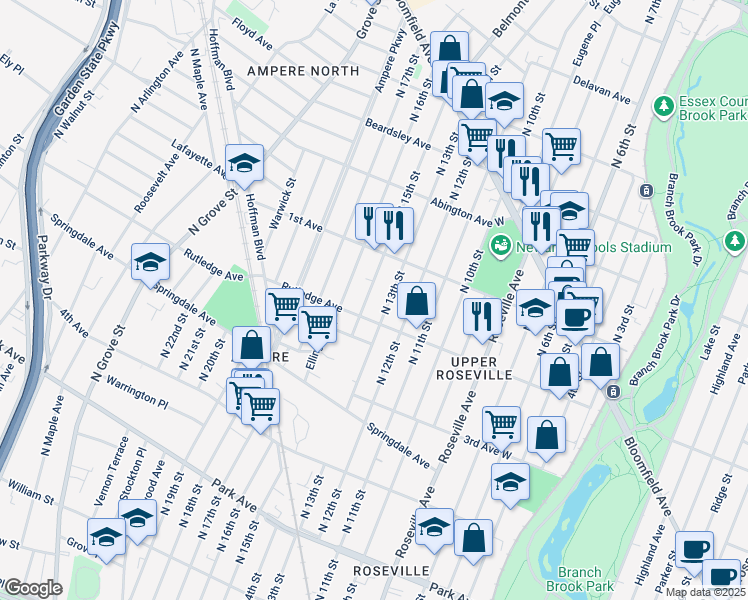 map of restaurants, bars, coffee shops, grocery stores, and more near 38 Lawton Street in East Orange