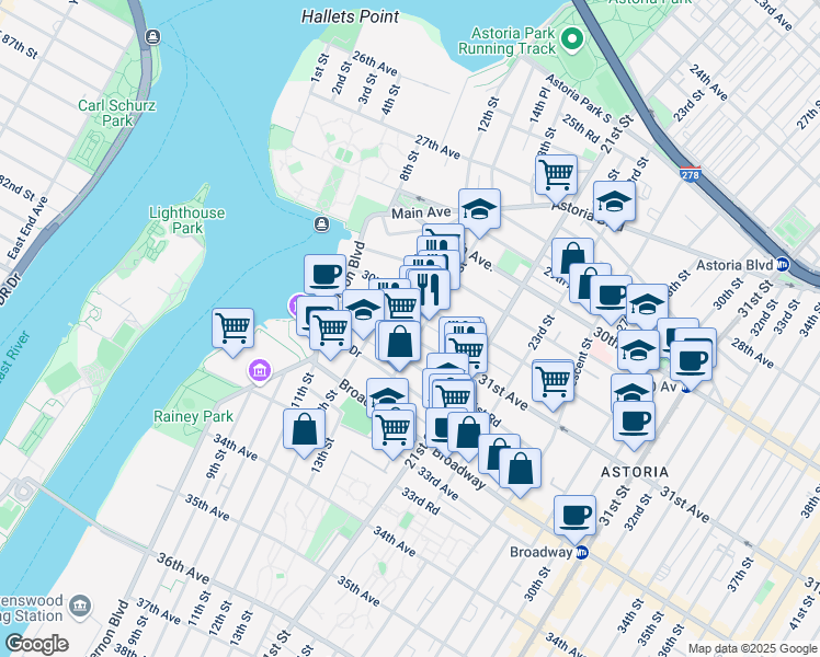 map of restaurants, bars, coffee shops, grocery stores, and more near 12-29 31st Avenue in Queens