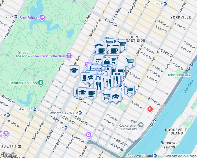 map of restaurants, bars, coffee shops, grocery stores, and more near 201 East 69th Street in New York