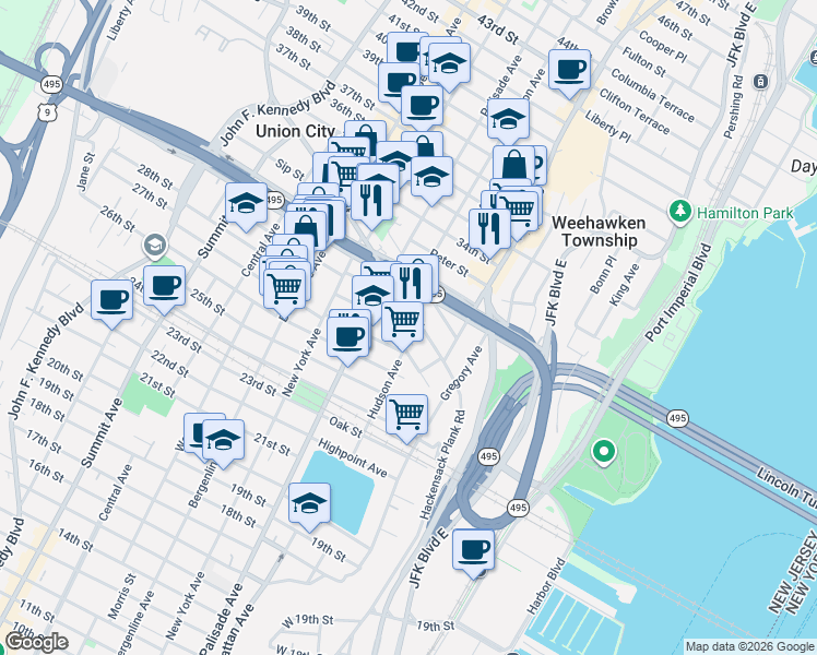 map of restaurants, bars, coffee shops, grocery stores, and more near 562 Hudson Avenue in Weehawken Township