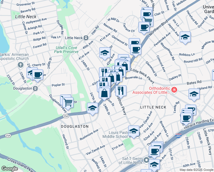 map of restaurants, bars, coffee shops, grocery stores, and more near 43-29 249th Street in Queens